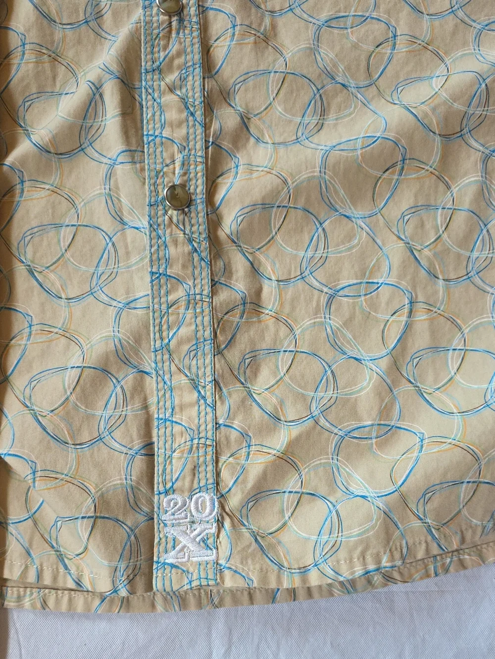 Twenty X Men's Beige Button-Up Shirt Blue Circular Print Pearl‎ Snaps Western XL